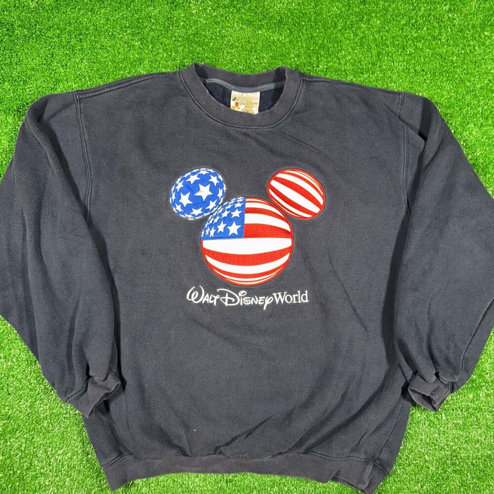 Vintage 90s Walt Disney World Navy Mickey Mouse USA Flag Embroidered Crewneck